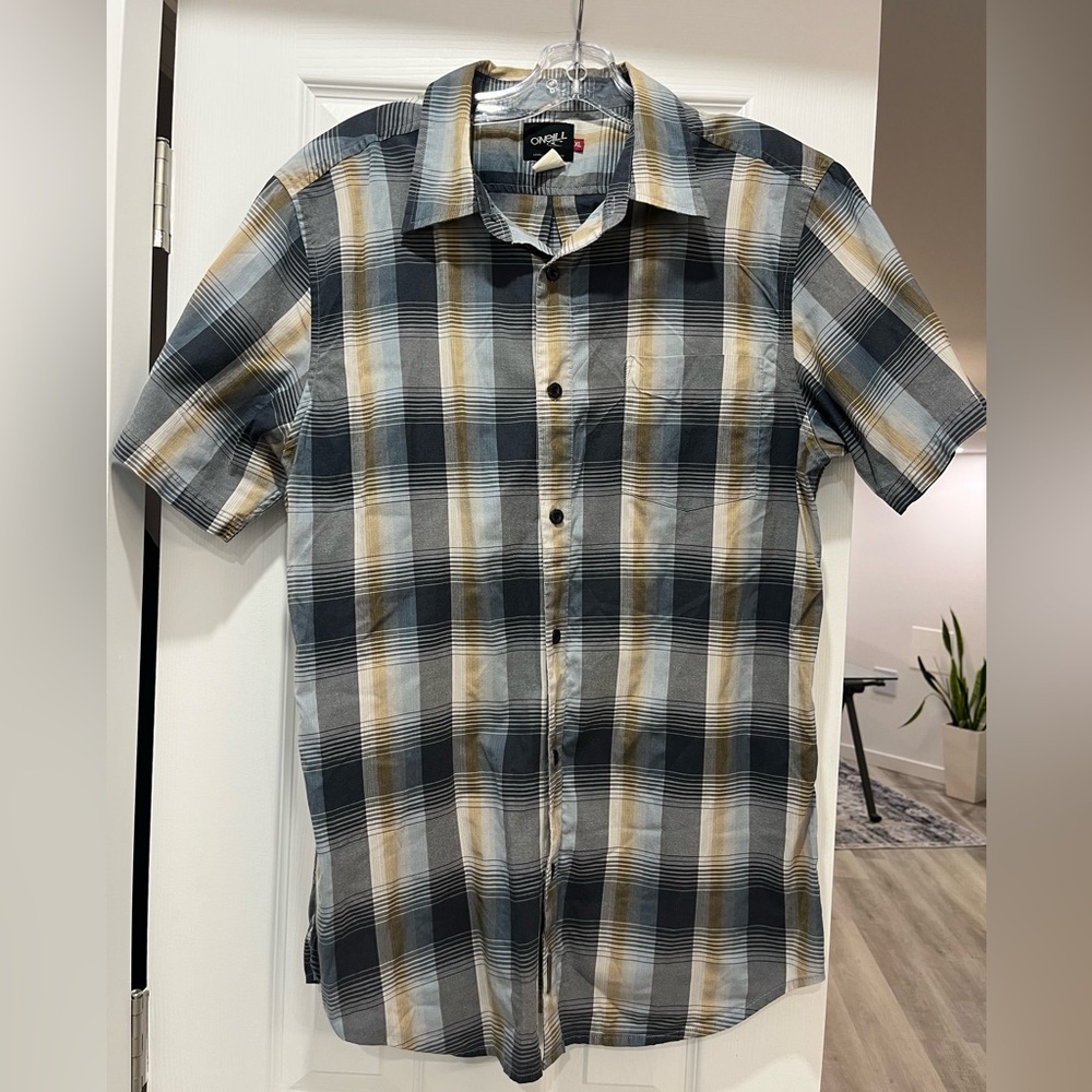 O'Neill Mens Surfer Skatewear Plaid Short Sleeve Shirt Black Gray size X large